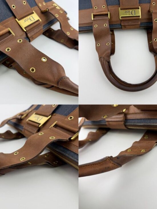 Dior Tote Brown Navy Denim Leather Vintage - Picture 13 of 16